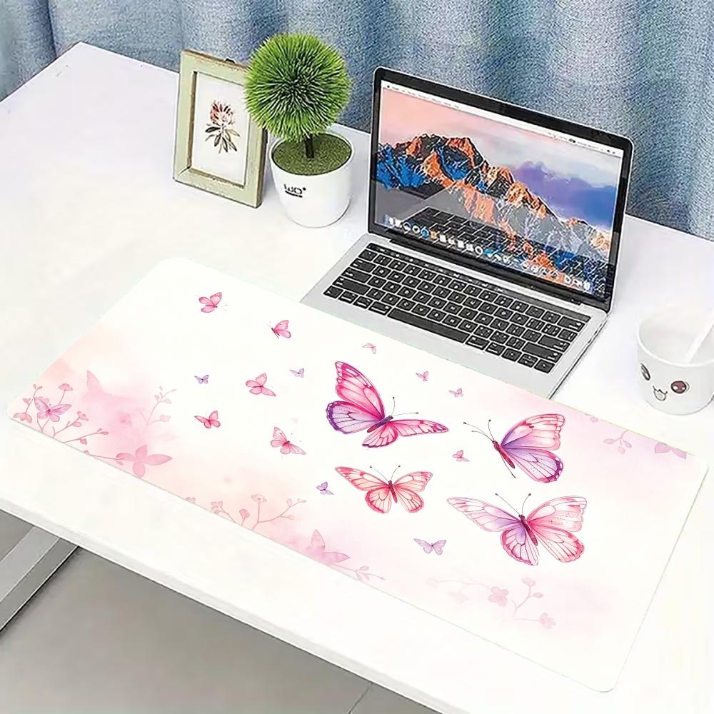Desk Setup Pc - Sulu Boya Pembe Kelebek Desenli Büyük
