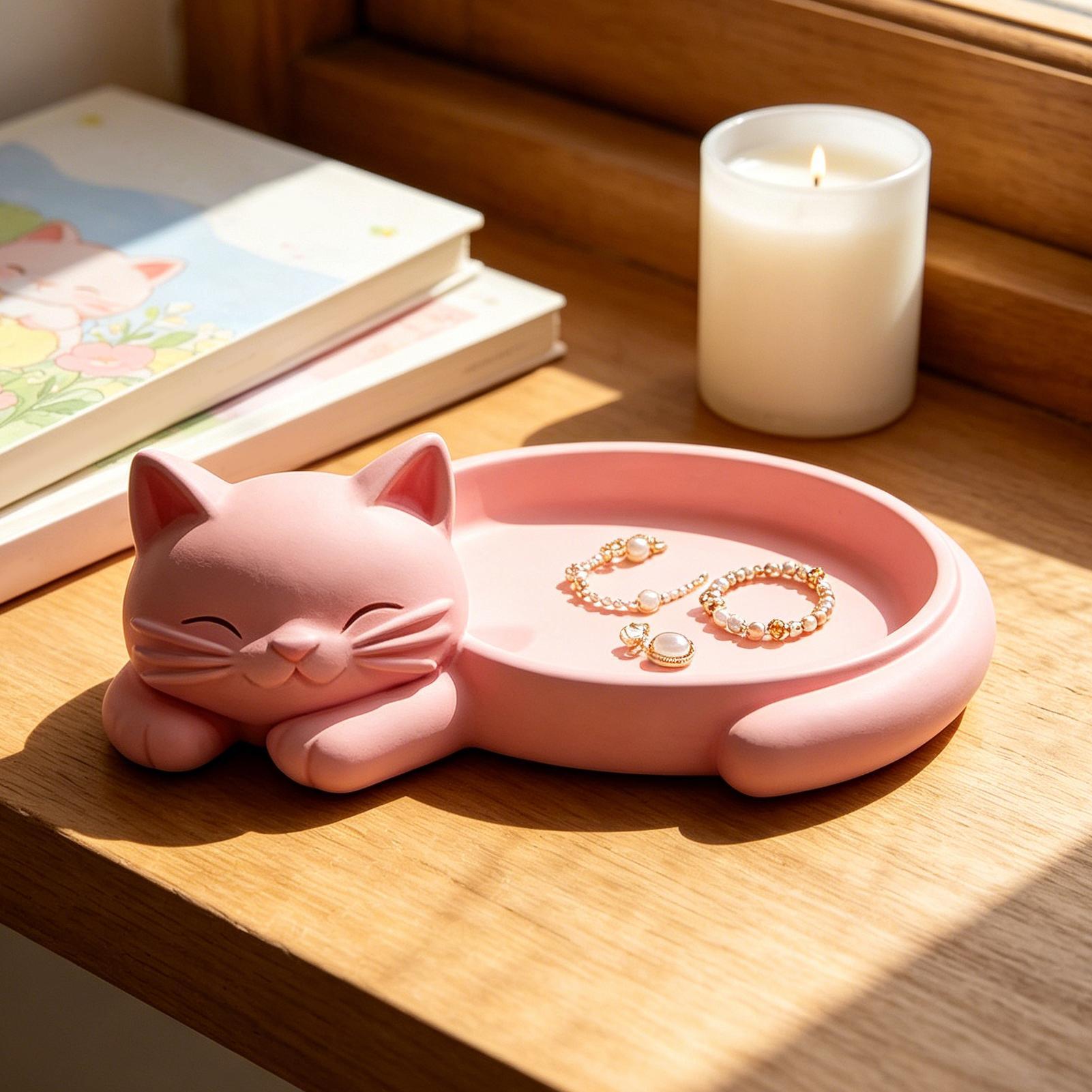 Desk Setup Design - Kedi Şekilli Takı Organizatör Tepsisi Anahtarlar